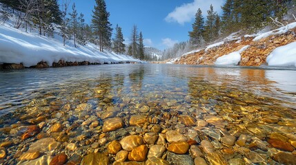 Sparkling, clear riverbed with stones in winter sunlight.