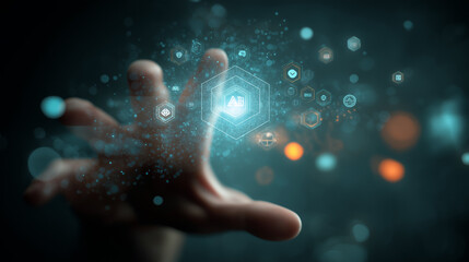 Hand hovering over floating holographic interface with AI icons, modern collage concept, PNG