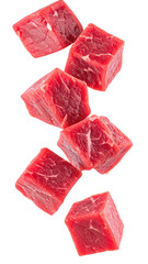 Falling Beef Cubes Displaying Fresh Red Meat Slices Isolated on Transparent Background in Vertical Studio Shot