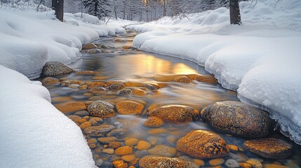 Winter stream flows through a bed of stones.