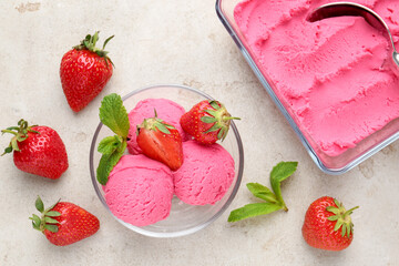Tasty sorbet with strawberries and mint served on light table, flat lay