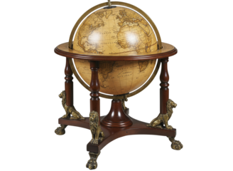 Antique globe on ornate wooden stand with lion paw feet isolated on transparent background