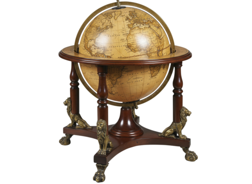 Antique globe on ornate wooden stand with lion paw feet isolated on transparent background