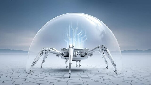 Futuristic robotic spider under a protective dome in a barren landscape.