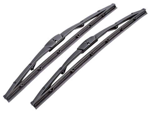 Two black car windshield wipers isolated on white background png isolated on a white background