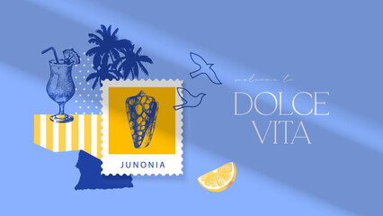 Hand drawn watercolor and sketch tropical poster. Dolce vita summer vibe. Vector vintage illustration