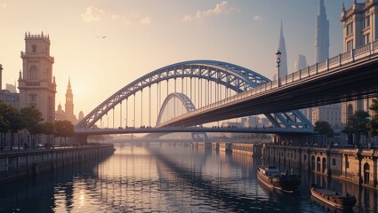 Obraz premium Scenic Sunset View Over a Historic Bridge and Calm River in an Urban Cityscape