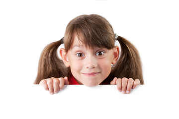 Girl peeks out from behind an advertising poster template.