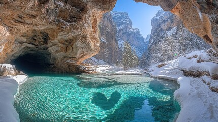 Turquoise river flowing through a snow-covered mountain canyon.