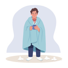 Man feeling sick Staying Warm with blanket