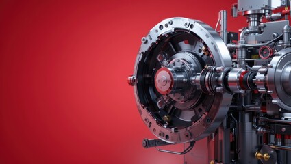 Fototapeta premium Detailed Close-Up of Advanced Mechanical Gear System with Industrial Design on a Red Background