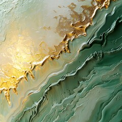 An abstract artistic composition with expressive wavy texture, created in deep green and rich golden tones. Generative AI