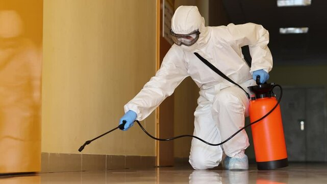Professional pest control technician in protective hazmat gear sprays disinfectant solution across building floor. Targeting harmful microorganisms