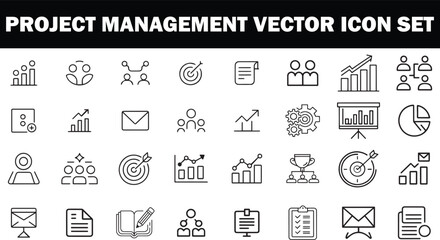 Project Management Vector Icon Set vector art and illustration line art Planning, teamwork, goal, task, report, collaboration, strategy, deadline, communication, chart, email, growth, support icons