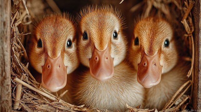   A flock of ducks perched atop a mound of dry grass adjacent to one another - Powered by Adobe