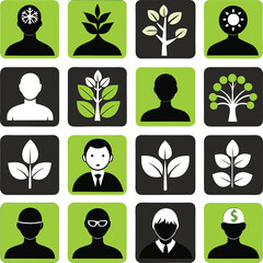Collection of stylized icons representing human profiles and plant growth symbolizing personal development and environmental concepts