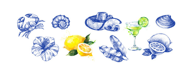 Hand drawn watercolor and sketch tropical set. Dolce vita summer vibe. Vector vintage illustration