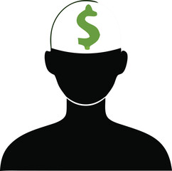 Silhouette of a human head with a prominent green dollar sign symbolizing financial thoughts and wealth accumulation in the mind