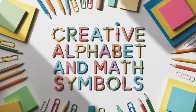 Creative colorful alphabet and math symbols are displayed with pencils and paperclips on a white background for arts, crafts and education.