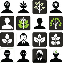 Collection of stylized human silhouette icons representing diverse concepts like growth intellect and financial thinking