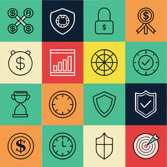 Collection of financial and business icons including currency security time and achievement symbols arranged in a grid