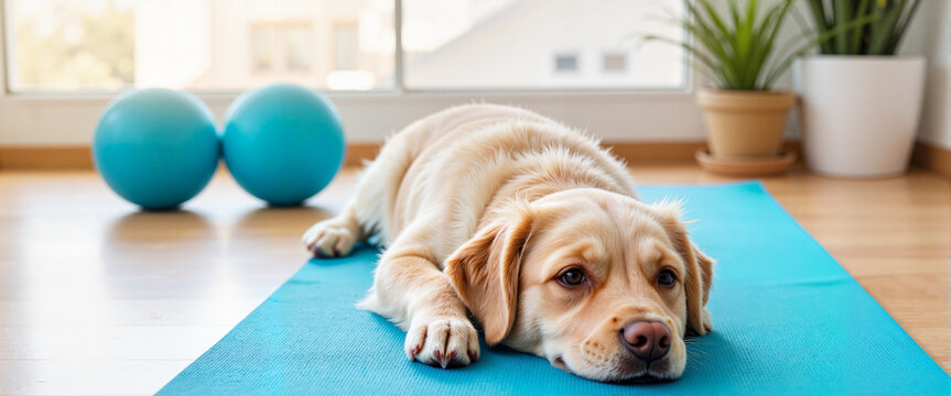 Calm golden retriever resting on blue yoga mat, indoor tranquility