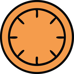 A simple orange circle with a black outline and inner markings resembling a clock face or a stylized sun
