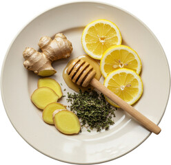 Honey, lemon and ginger on a plate - transparent background
