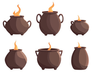 A diverse set of stylized cauldrons are shown, each different in shape and size, and filled with glowing flames, set against a stark white background.