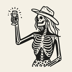 Fototapeta premium Cowgirl Female skeleton with leopard print Celebrating a toast. Cowboy Western American Cartoon Animal Clipart Line Art Vector Illustration. girl bones in pattern raising drink cheerful.