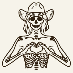 Cowgirl Female skeleton with leopard print Curve your hands inward to make a heart gesture. Cowboy Western American Cartoon Animal Clipart Line Art Vector Illustration. .