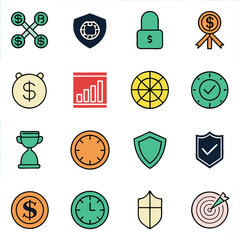 Collection of financial and business icons including dollar signs shields clocks a trophy a target and a lock symbolizing security and success