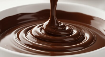 Dark chocolate sauce is poured into a white bowl creating a swirl.
