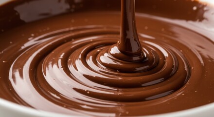 Melted chocolate swirls in a bowl dark brown glossy texture close up.