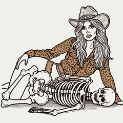 Fototapeta premium Cowgirl Female skeleton with leopard print Lying Down on stomach Together hands under chin. Cowboy Western American Cartoon Animal Clipart Line Art Vector Illustration. .