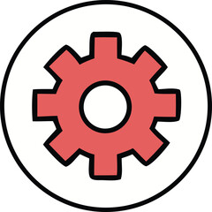 A simple stylized red gear icon with a white center enclosed within a bold black circle on a white background
