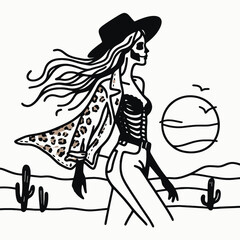 Cowgirl Female skeleton with leopard print Romantic Sunset Stroll. Cowboy Western American Cartoon Animal Clipart Line Art Vector Illustration. woman bony figure wildcat pattern love date.
