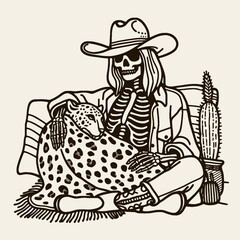 Cowgirl Female skeleton with leopard print Sharing a Blanket. Cowboy Western American Cartoon Animal Clipart Line Art Vector Illustration. woman bones pattern cover mutual comfort design.