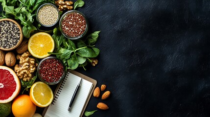Healthy ingredients such as quinoa, fresh greens, citrus fruits, and nuts, arranged neatly on a kitchen counter with a notepad and pen beside them. The right side of the image is kept for promote.