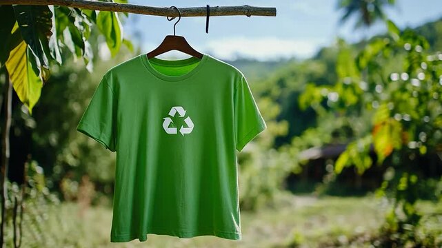 Green t shirt with recycling symbol hanging outdoors
