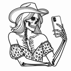 Cowgirl Female skeleton with leopard print Taking a selfie. Cowboy Western American Cartoon Animal Clipart Line Art Vector Illustration. .