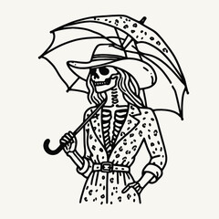 Cowgirl Female skeleton with leopard print Under the Umbrella. Cowboy Western American Cartoon Animal Clipart Line Art Vector Illustration. .