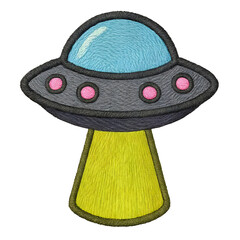 UFO embroidery patch showing a flying saucer with yellow beam on transparent background