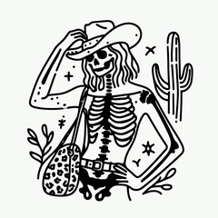 Cowgirl Female skeleton with leopard print Urban Exploration. Cowboy Western American Cartoon Animal Clipart Line Art Vector Illustration. .