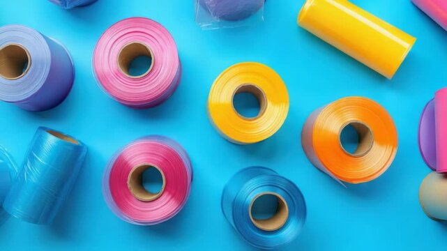 Colorful rolls of plastic sheeting on a vibrant blue surface