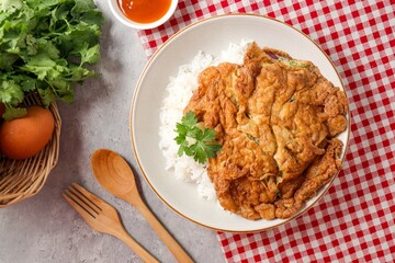 Homemade Thai style Rice with omelet ,chilli sauce ,street food of thailand ,Thai call khao kai jeaw