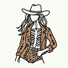 Cowgirl Female skeleton with leopard print Wearing matching outfits. Cowboy Western American Cartoon Animal Clipart Line Art Vector Illustration. .