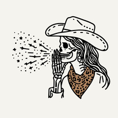Cowgirl Female skeleton with leopard print Whispering Secrets. Cowboy Western American Cartoon Animal Clipart Line Art Vector Illustration. .