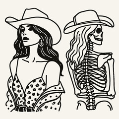Cowgirl Female skeleton with leopard print a playful lift. Cowboy Western American Cartoon Animal Clipart Line Art Vector Illustration. .