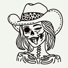 Cowgirl Female skeleton with leopard print Winking Face Tongue. Cowboy Western American Cartoon Animal Clipart Line Art Vector Illustration. .